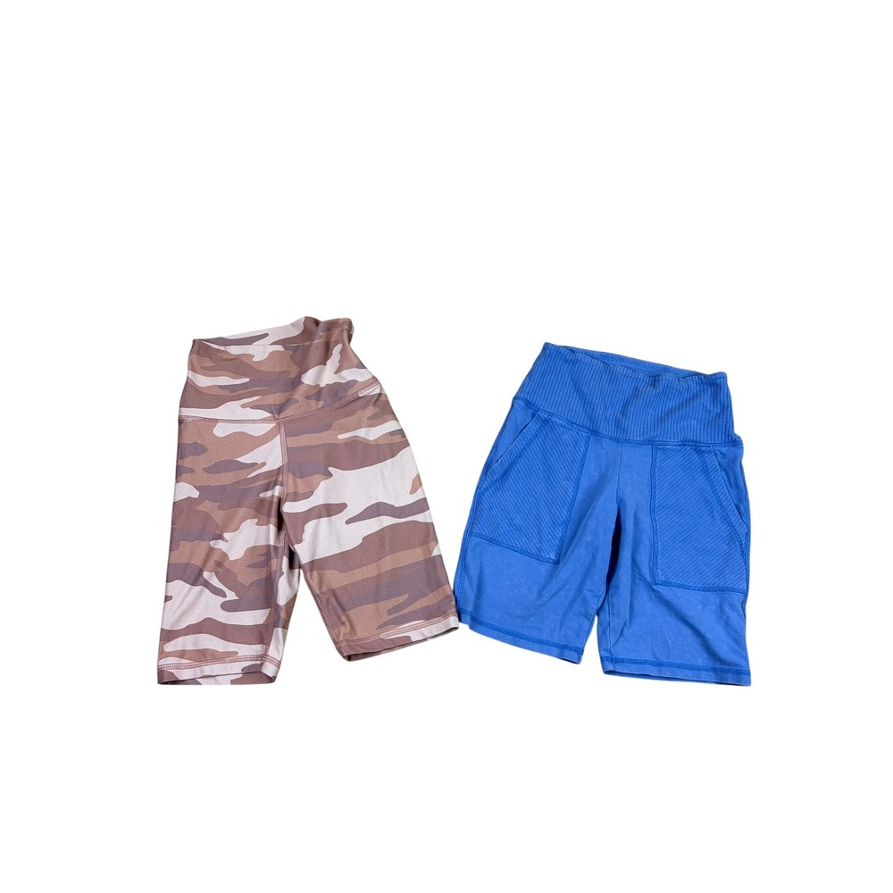 Aerie Chill Play Move Biker Shorts Bundle XS Camo Brown Blue High Waisted 2 Pack
